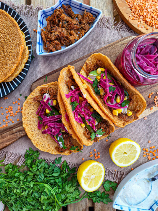 Vöröslencse-taco tépett jackfruittal - vegán, TÉNÉ recept